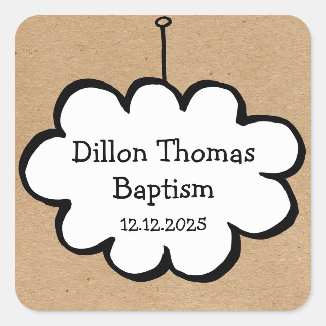 Cloud on a String Baptism Christening Favor Square Sticker (Front)