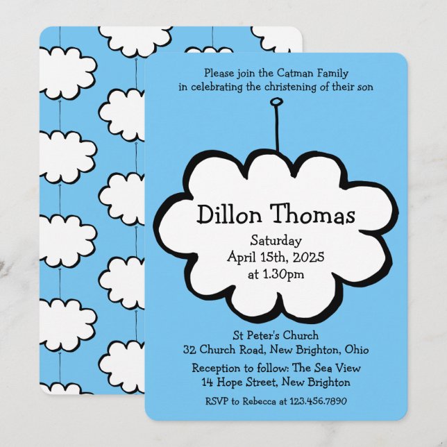 Cloud on a String Christening Invitation (Front/Back)