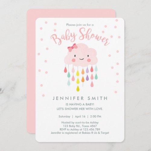 Cloud Raindrops Pink Girl Baby Shower Invitation