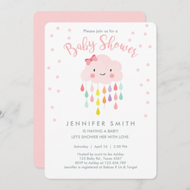 Cloud Raindrops Pink Girl Baby Shower Invitation (Front/Back)