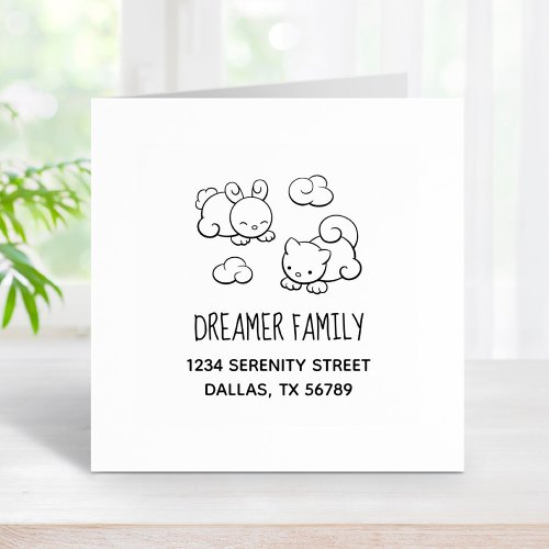 Cloud Shapes Bunny Cat Family Address Rubber Stamp