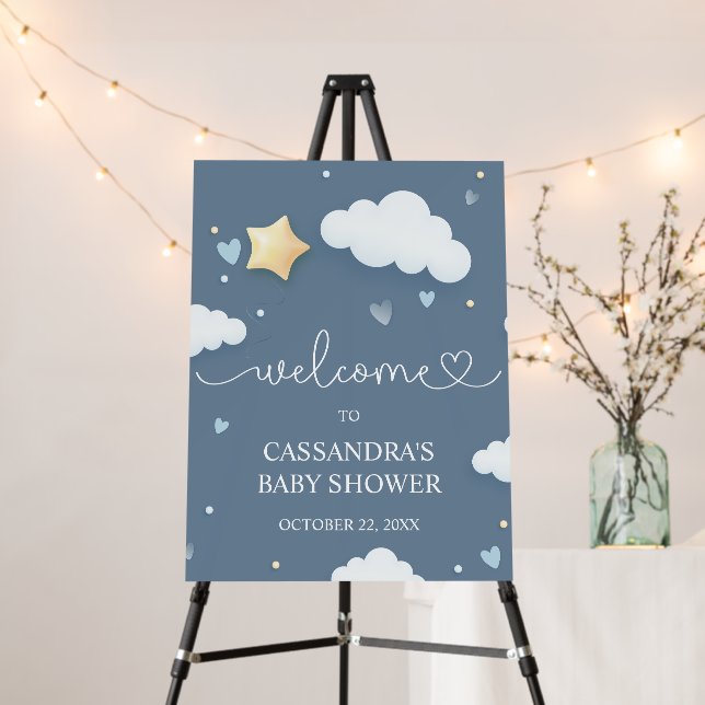 Cloud Theme Baby Shower Dusty Blue Welcome Sign (In Situ (Stand))