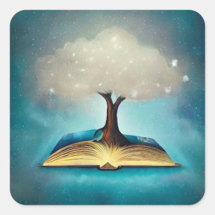 Cloud Tree & Open Book Square Sticker