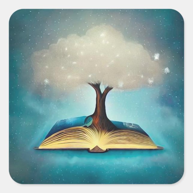 Cloud Tree & Open Book Square Sticker (Front)
