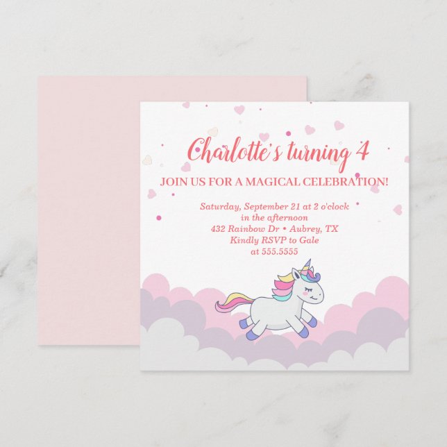 Cloud & Unicorn Girl Birthday Invitation (Front/Back)