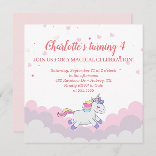 Cloud  Unicorn Girl Birthday Invitation