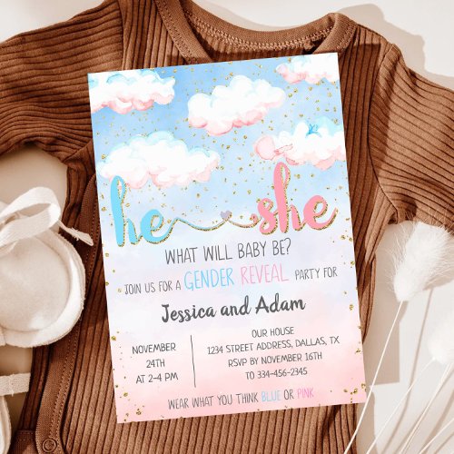 Cloud Watercolor He or She Gender Reveal Party Invitation