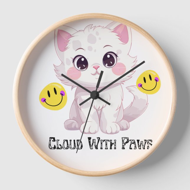 "Cloud With Paws Cute Fluffy Cat Wall Clock" Clock (Front)