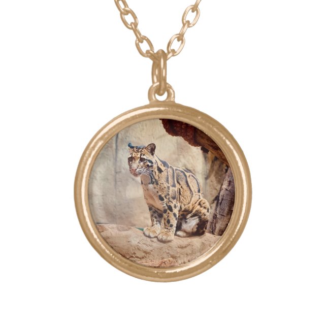 clouded leopard picture nature wildlife exotic gold plated necklace (Front)