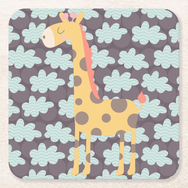 Clouds and Giraffes Square Paper Coaster (Front)