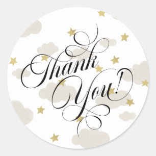 Clouds and Gold Stars Thank You Script Classic Round Sticker