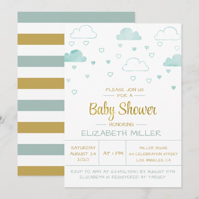 Clouds and Hearts Blue and Gold Baby Shower Invitation (Front/Back)