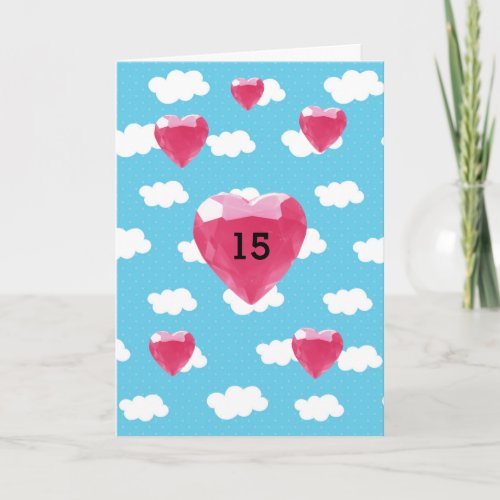 Clouds and Pink Heart Gems 15th Birthday Card