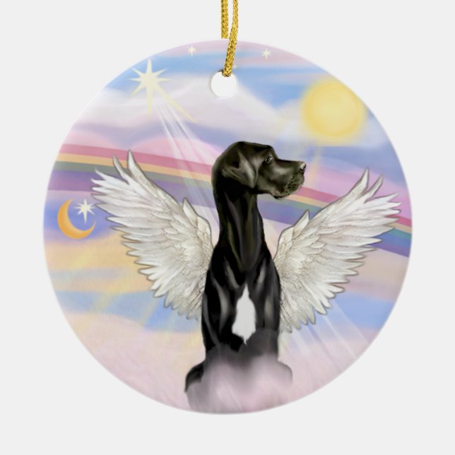 Clouds - Black Great Dane (Natural ears) Ceramic Ornament (Front)
