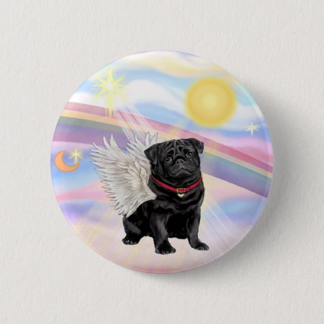Clouds - Black Pug Angel Button (Front)