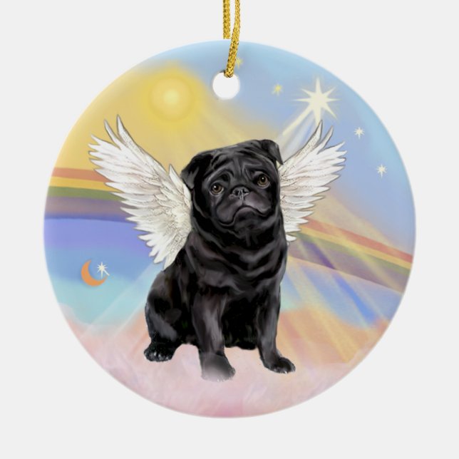 Clouds - Black Pug Angel Ceramic Ornament (Front)