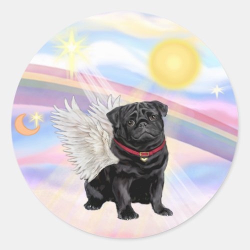 Clouds _ Black Pug Angel Classic Round Sticker