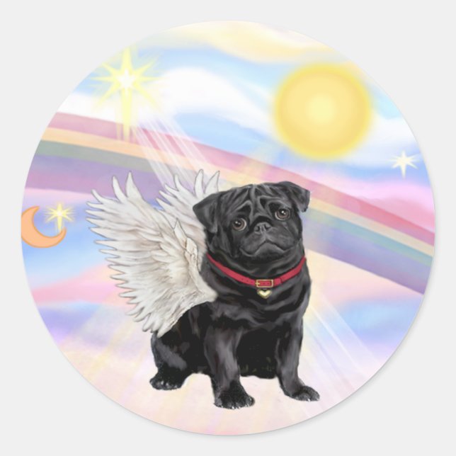 Clouds - Black Pug Angel Classic Round Sticker (Front)