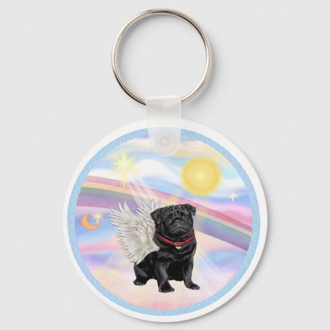 Clouds - Black Pug Angel Keychain (Front)