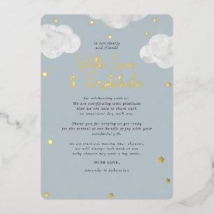 Clouds Blue Gray Baby Shower Flat Thank You Foil Invitation