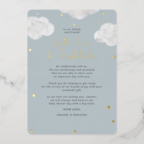 Clouds Blue Gray Baby Shower Flat Thank You Foil Invitation