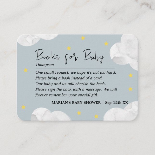  Clouds Blue Gray Boy Books Baby Shower Business Card (Front)