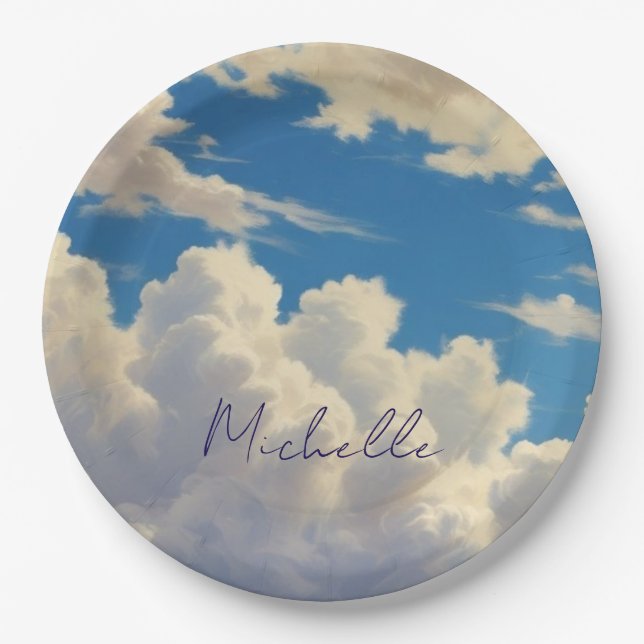 Clouds Blue Sky Plain Modern Own Name Calligraphy Paper Plates (Front)