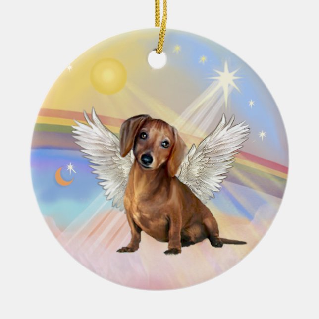 Clouds - Dachshund Angel (brown / red) Ceramic Ornament (Front)