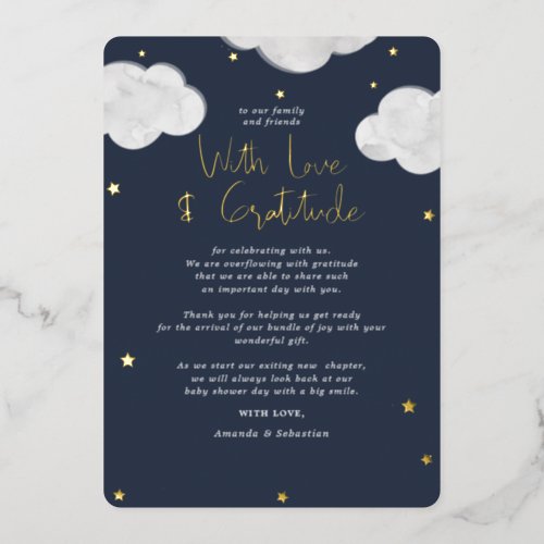 Clouds Dark Blue Baby Shower Flat Thank You Foil Invitation