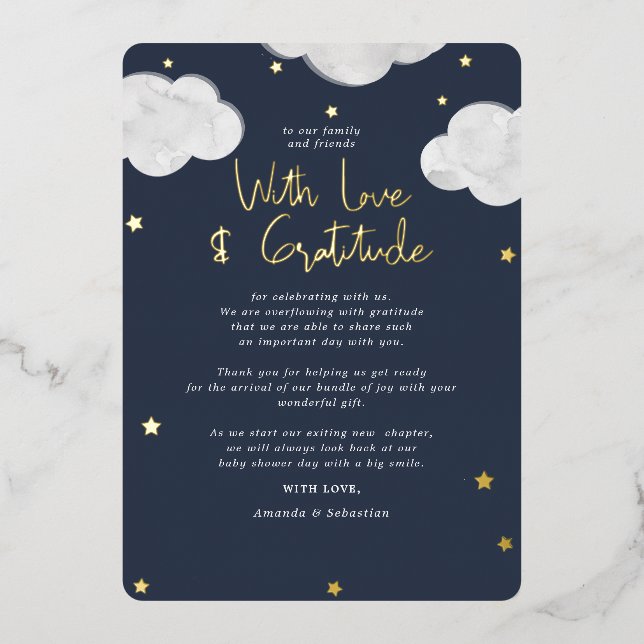 Clouds Dark Blue Baby Shower Flat Thank You Foil Invitation (Front)