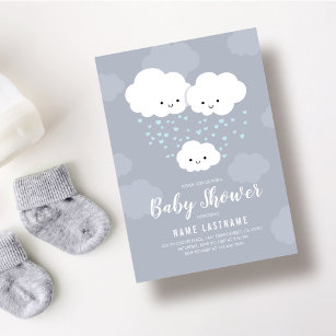 Clouds Family Couples Boy Blue Hearts Baby Shower Invitation