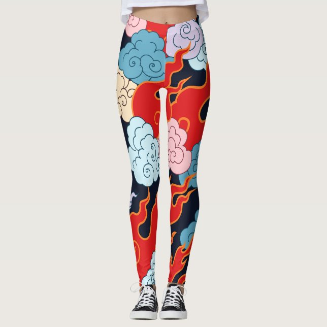 Clouds, Flames: Black Vintage Pattern. Leggings (Front)