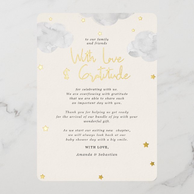 Clouds Gender Neutral Baby Shower Flat Thank You Foil Invitation (Front)