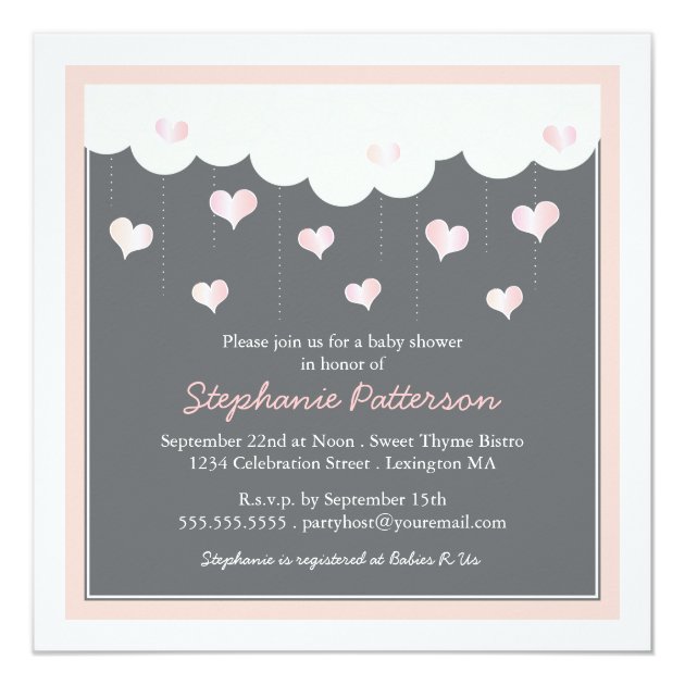 Clouds & Hearts Baby Shower For Girl Invitation