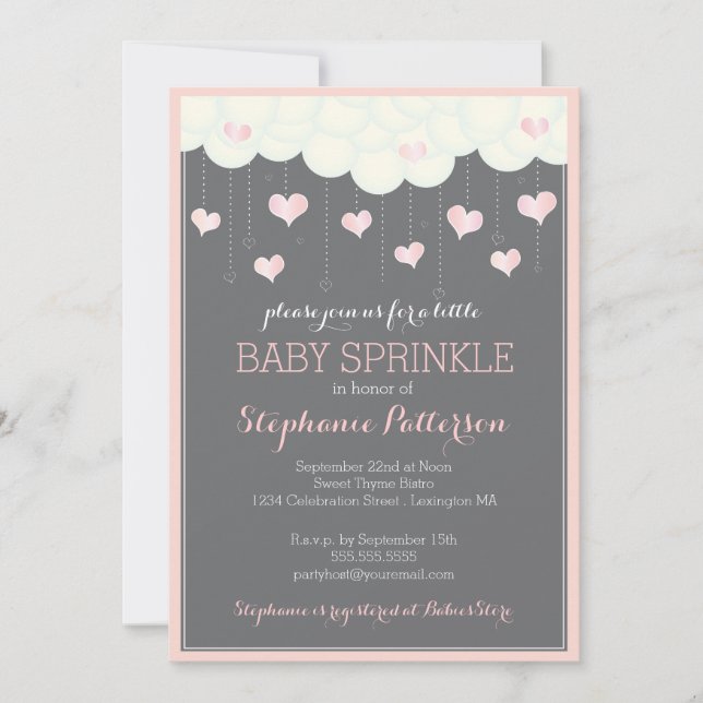 Clouds & Hearts Baby Sprinkle in Pink Invitation (Front)
