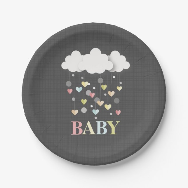 Clouds + Hearts Neutral Baby Shower Paper Plates (Front)