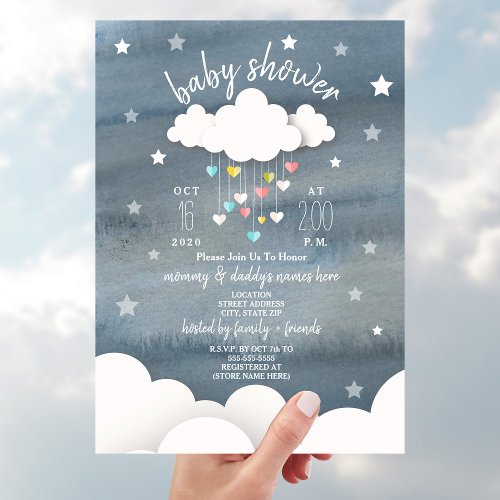 Clouds Hearts  Stars Neutral Baby Shower Invitation