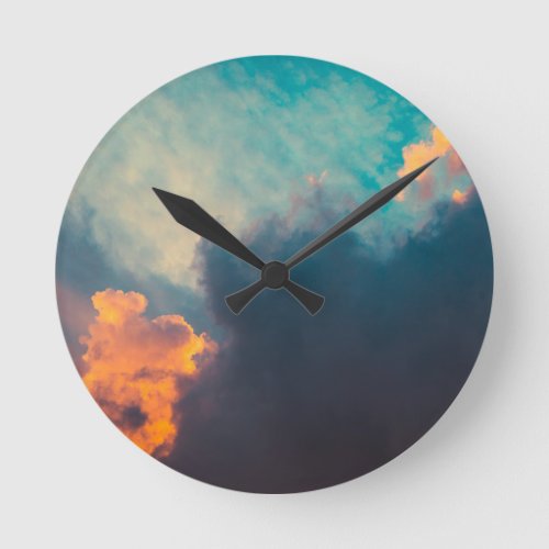 Clouds illuminated and rising sun round clock