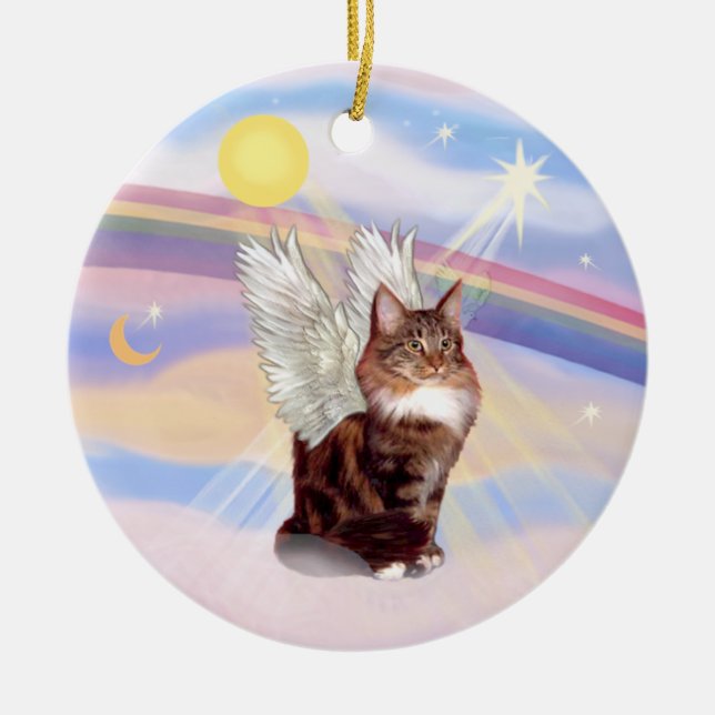Clouds - Maine Coon Tabby Cat Angel Ceramic Ornament (Front)