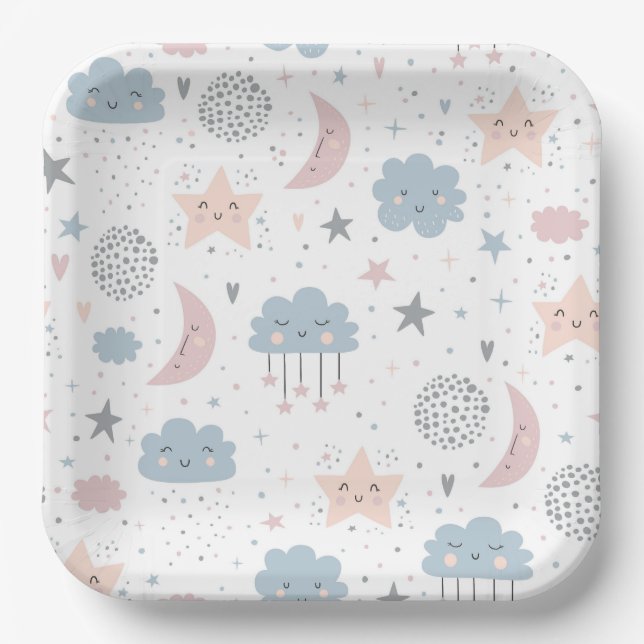 Clouds Moon Stars Paper Plates, Celestial Party Plates (Front)