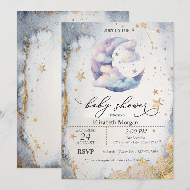Clouds Moon,Stars Watercolor Baby Shower  Invitation (Front/Back)