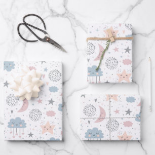 Clouds Moon Stars Wrapping Paper, Celestial Gift  Paper Sheets