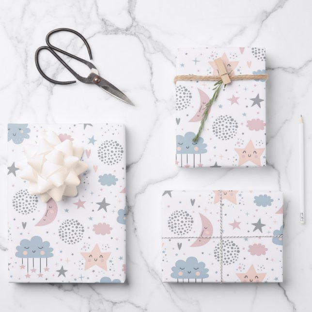 Clouds Moon Stars Wrapping Paper, Celestial Gift  Paper Sheets (Front)