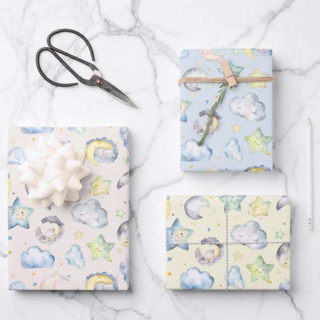 Clouds, Moons and Stars for Baby Wrapping Paper Sheets (Front)