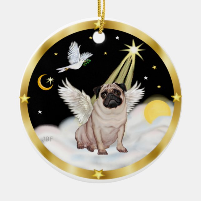 Clouds (N)- Pug Angel (fawn) Ceramic Ornament (Front)