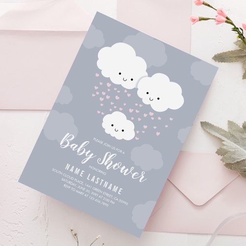 Clouds Pink Hearts Family Couples Baby Shower Girl Invitation