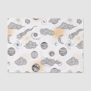 Clouds planets shooting stars stardust black white tissue paper