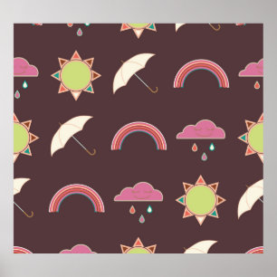 Clouds, rain, sun, umbrella pattern. poster