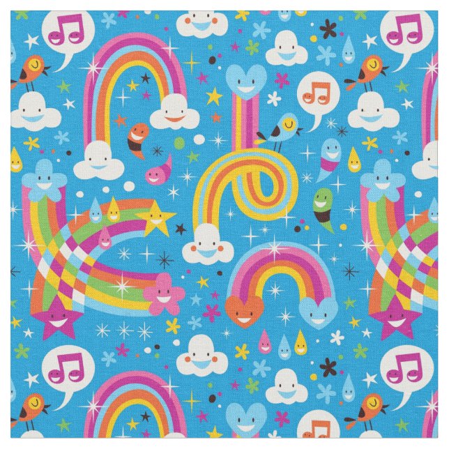 clouds rainbows rain drops hearts pattern fabric (Close Up)