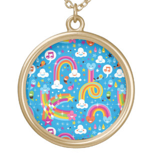 clouds rainbows rain drops hearts pattern gold plated necklace